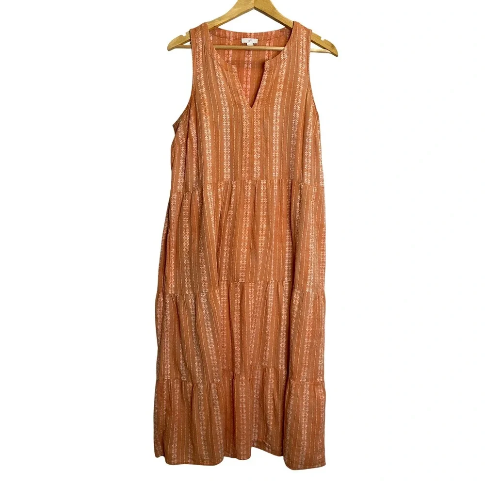 J. Jill Orange Floral Sleeveless Midi Tiered Dress Pockets Notch Neck Jumper - Picture 1 of 6